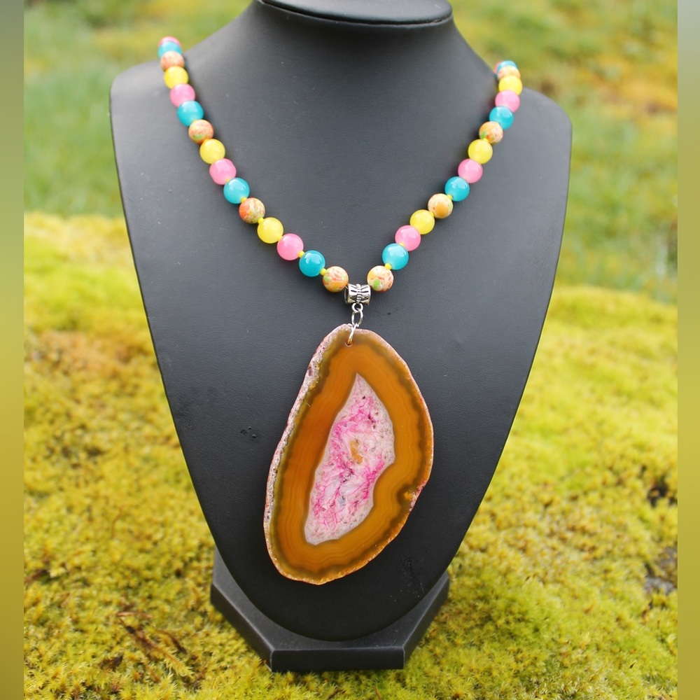Agate Slice Long Colorful Beaded Necklace